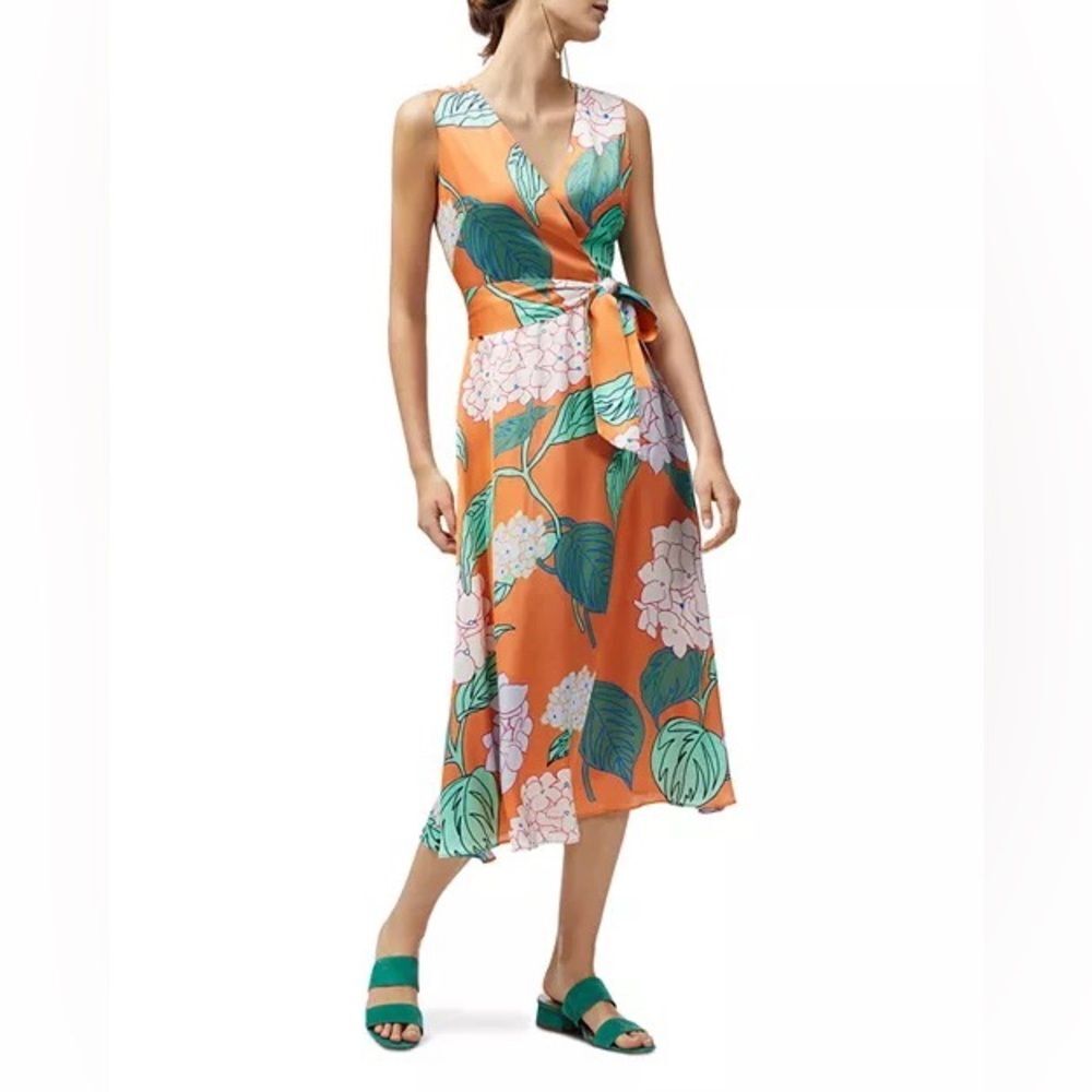 Lafayette 148 Tangerine, Pocketed Tie Floral Sleeveless‎ Midi Dress, Size 12